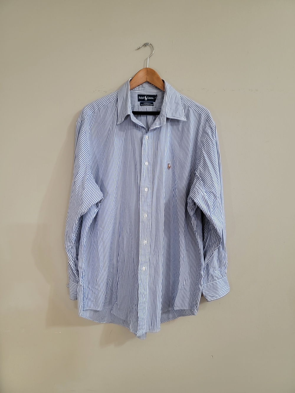 Ralph Lauren Blue and White Striped Button-Down Shirt Size 17-34